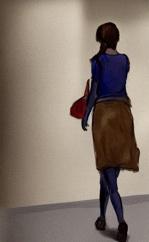 Prompt: servant girl walking in hallway, half turned around, full body, realistic, digital painting