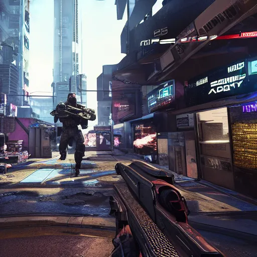 Image similar to futuristic call of duty game set in a cyberpunk city, ps 5, 8 k