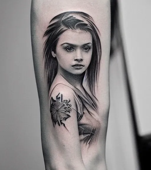 Image similar to tattoo design sketch of a beautiful girl with a faded mountain background, in the style of den yakovlev, black and white, realism tattoo, hyper realistic, highly detailed