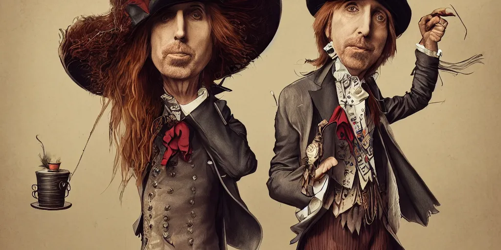 Image similar to tom petty as the mad hatter, contrast, kim jung gi, greg rutkowski, zabrocki, karlkka, jayison devadas, trending on artstation, 8 k, ultra wide angle, zenith view, pincushion lens effect