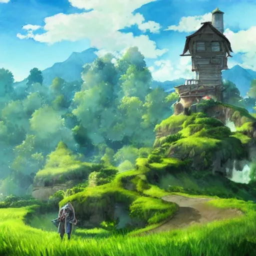 Image similar to watercolor, wallpaper, 4 k, digital art, photorealism, realistic, unity, unreal engine, blue skies and rolling green fields, rpg isekai adventurers, anime, mountains, by hayao miyazaki, by studio ghibli, high quality, stunning, amazing work of arts, inspirational