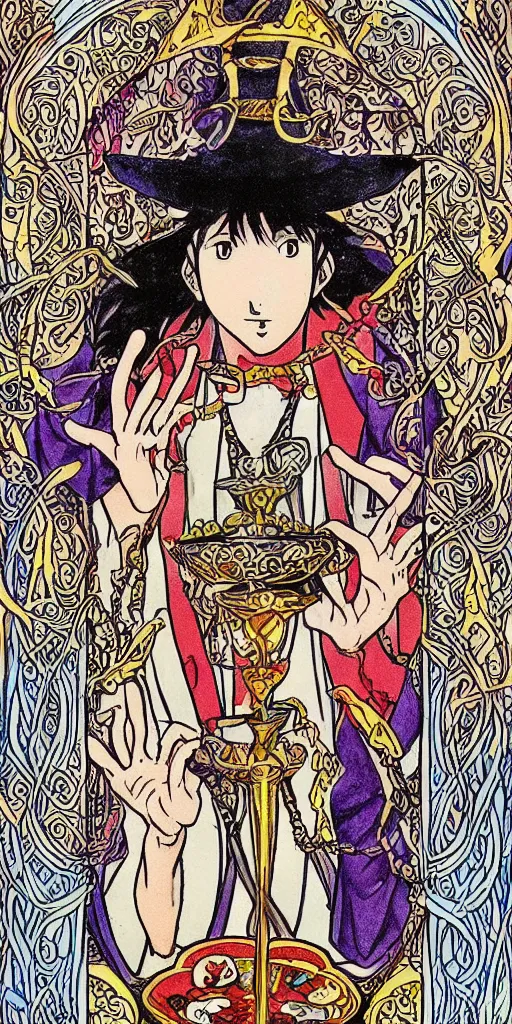 Prompt: a mystical man with a goblet on the table, wizard hat, drawn by Naoko Takeuchi, impressive line work, tarot card. tarot card the magician, psychedelic, intricate