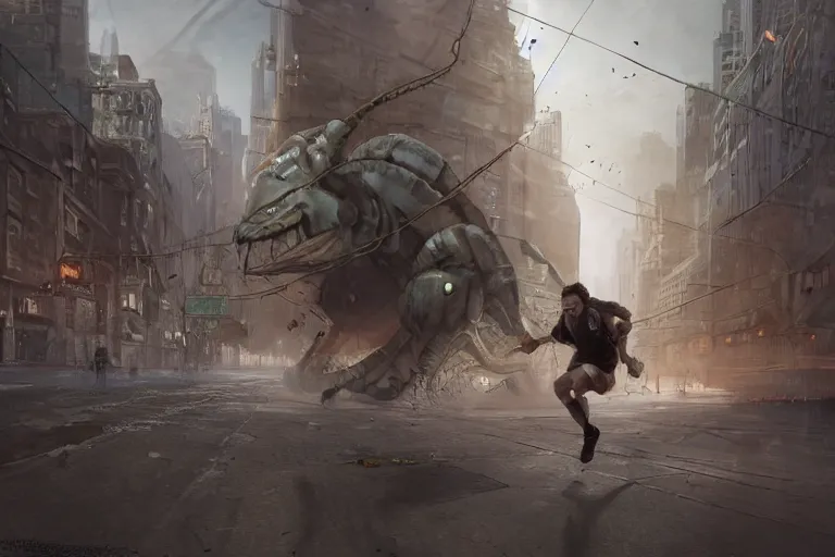 Image similar to a man running in panic through a ghost city by a huge insect, made by stanley artgerm lau, wlop, rossdraws, artstation, cgsociety, concept art, cgsociety, octane render, trending on artstation, artstationhd, artstationhq, unreal engine, 4 k, 8 k,