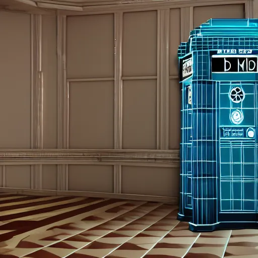 Image similar to Art Deco Tardis interior, 3d render, hyper realistic, unreal engine, detailed