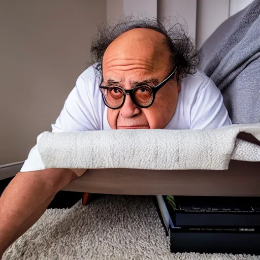 Image similar to danny devito hiding under a bed ( sony a 7 r iv, symmetric balance, polarizing filter, photolab, lightroom, 4 k, dolby vision, photography awardm, voque, perfect face )