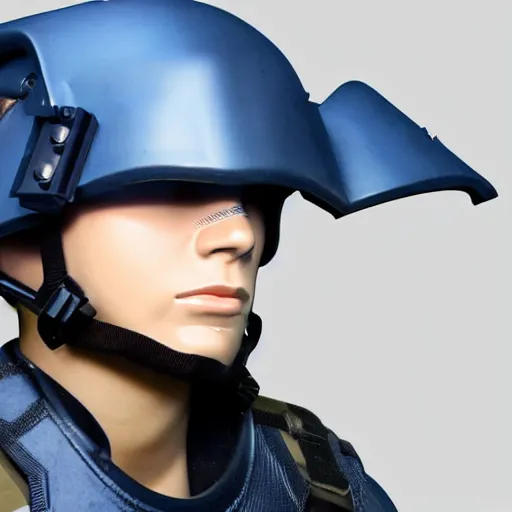 Image similar to a futuristic soldier captain with a metal visor and a blue shoulderpad