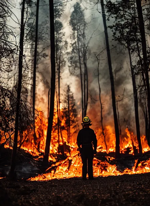 Image similar to a 3 5 mm photo from the back of a firefighter standing in front of a burning forest, bokeh, canon 5 0 mm, cinematic lighting, film, photography, depth of field, award - winning, bokeh