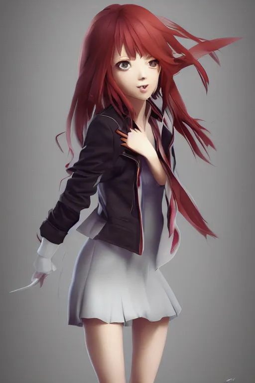 Image similar to Very complcated dynamic composition, realistic anime style at Pixiv, Zbrush sculpt colored, Octane render in Maya and Houdini VFX, young redhead girl in motion, wearing jacket and skirt, silky hair, black stunning deep eyes. By ilya kuvshinov, krenz cushart, Greg Rutkowski, trending on artstation. Amazing textured brush strokes. Cinematic dramatic soft volumetric studio lighting