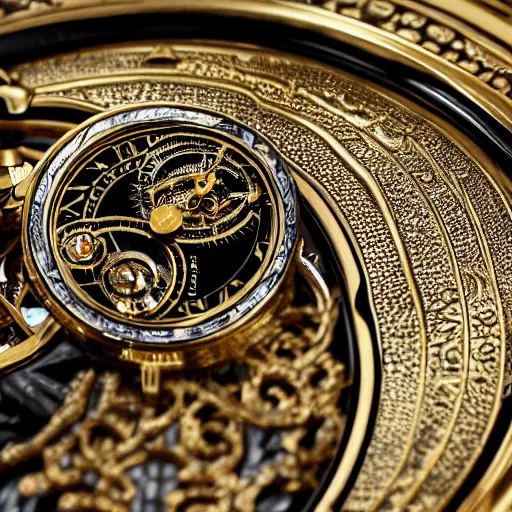 Prompt: a luxurious black and gold pocket watch, close - up photo, by james christensen, vittorio matteo corcos, epic, tendring on artstation, fantasy, intricate details, highly detailed, bokeh, 4 k.