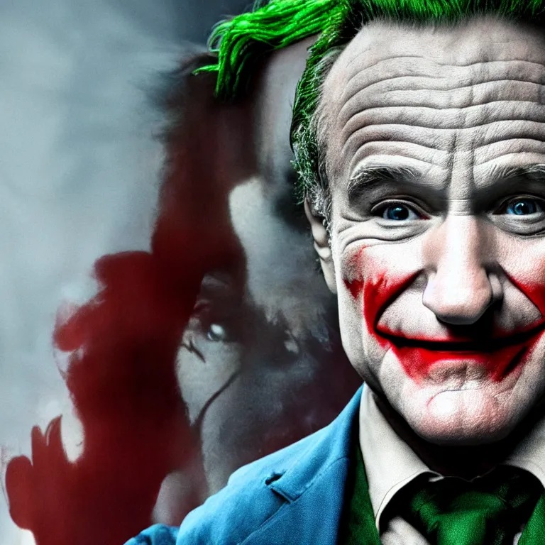 Image similar to robin williams as the joker, movie still, 8 k, hdr, atmospheric lighting