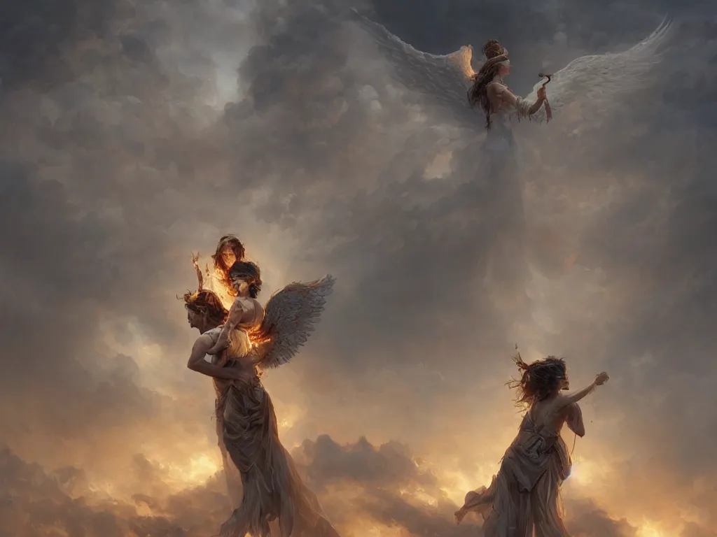 Prompt: angel carries a burning man in his arms in the clouds, fantasy art, award winning, dark fantasy, fantasy magic, intricate, elegant, sharp focus, cinematic lighting, highly detailed, digital painting, concept art, art by wlop and artgerm and greg rutkowski, masterpiece, trending on artstation, 8 k