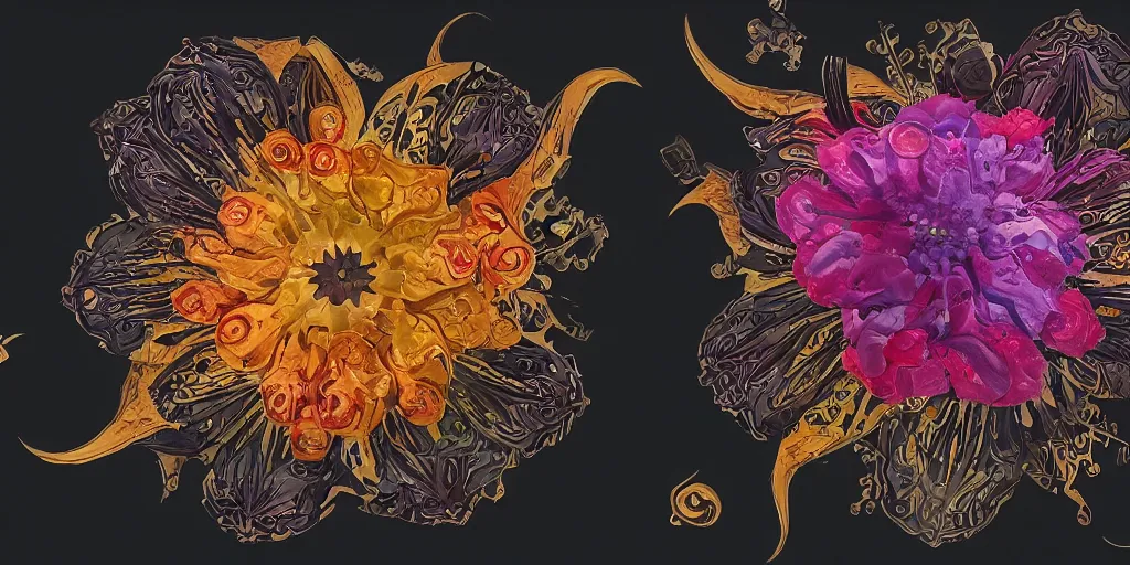 Image similar to screen shot of unique lovecraftian flower on black background, in gouache detailed paintings, props, stylized, 2 d sprites, kitbash, 8 k, close up