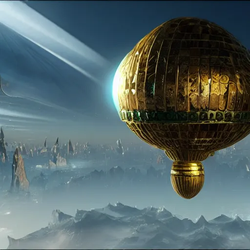 Image similar to enormous flying city in a faberge egg, sky, steampunk, fantasy art, masterpiece, hugh ferriss, unreal engine, peder balke