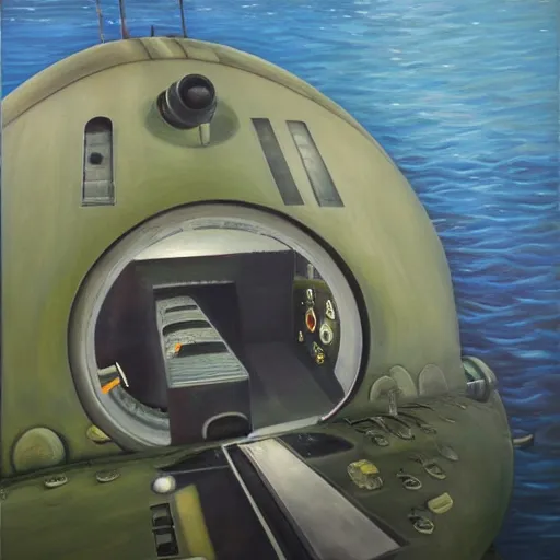 Image similar to oil painting picturing the inside of a submarine