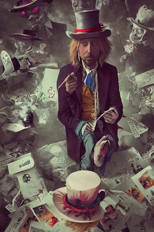 Image similar to tom petty as the mad hatter, contrast, kim jung gi, greg rutkowski, zabrocki, karlkka, jayison devadas, trending on artstation, 8 k, ultra wide angle, zenith view, pincushion lens effect