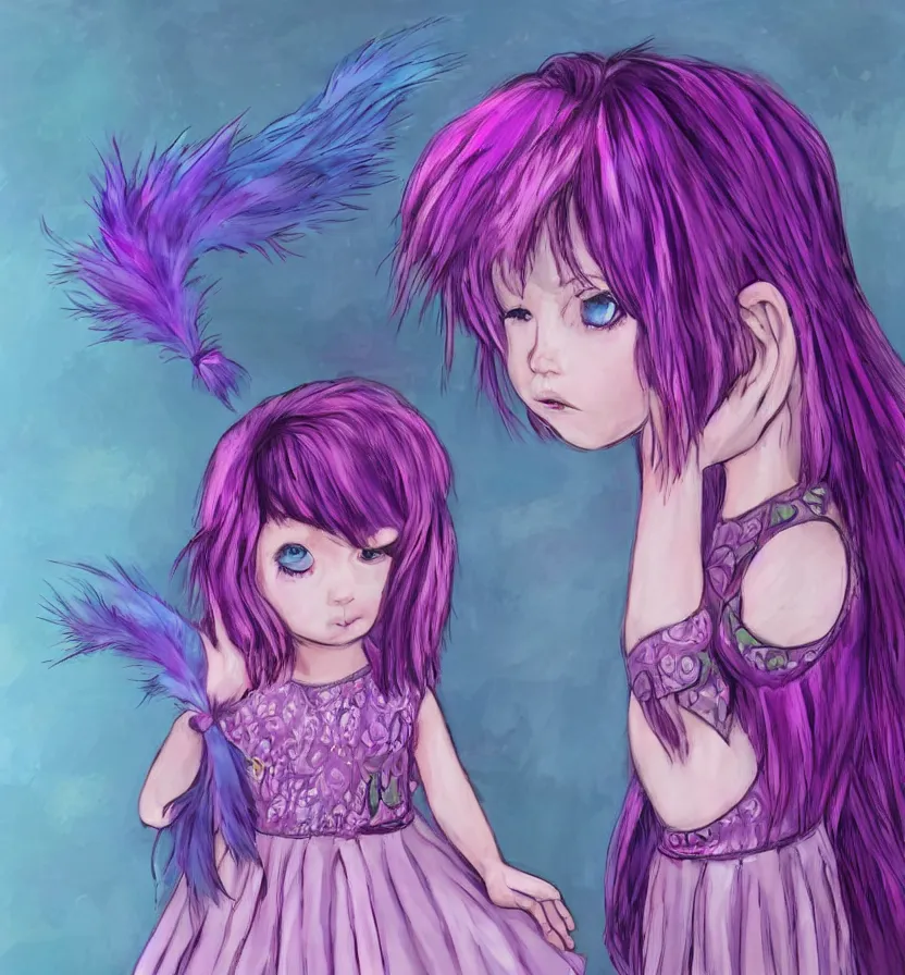 Image similar to little girl with eccentric pink hair wearing a dress made of purple feather, art by dcwj