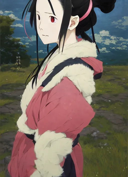 Image similar to portrait of Nezuko from Demon Slayer Anime by Koyoharu Gotouge, countryside, calm, fantasy character portrait, dynamic pose, above view, sunny day, thunder clouds in the sky, artwork by Jeremy Lipkin and Giuseppe Dangelico Pino and Michael Garmash and Rob Rey, very coherent asymmetrical artwork, sharp edges, perfect face, simple form, 100mm