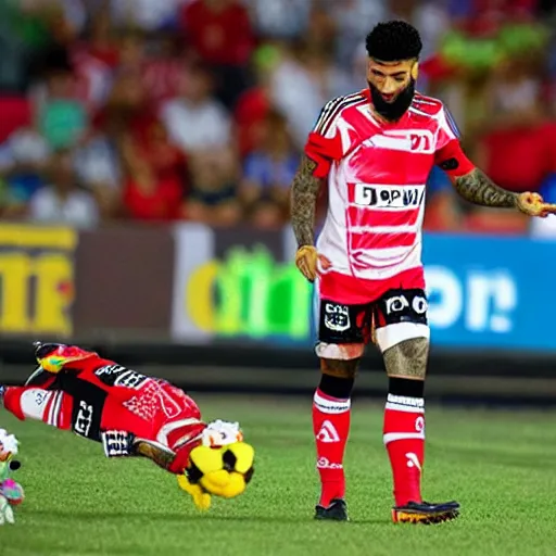 Prompt: muppet gabigol wearing a Flamengo jersey