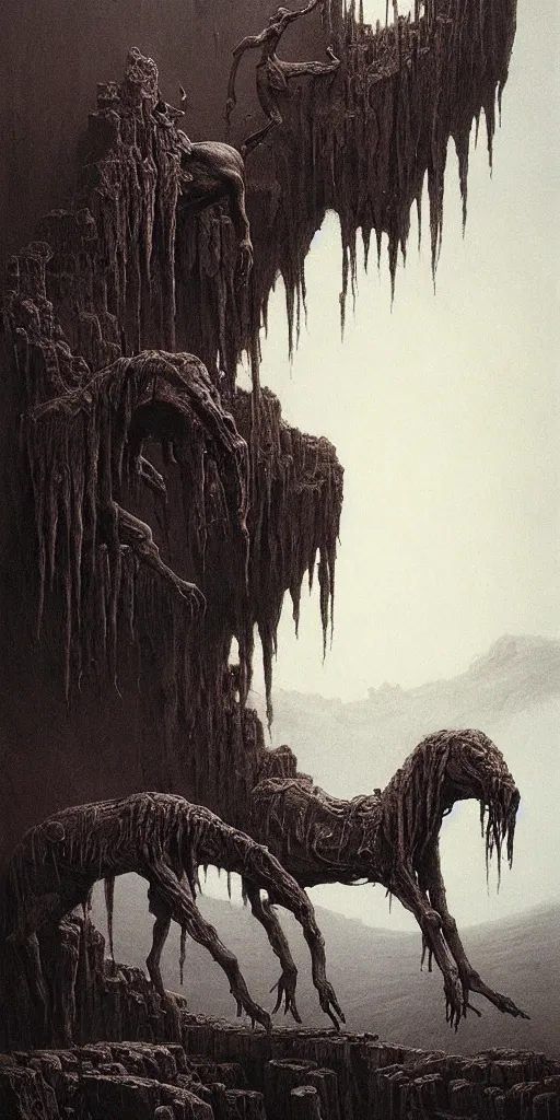 Prompt: ancient great beasts dancing on a moutain, beksinski, eldritch, apocalypse, creepy creature, horror spooky, dramatic light, 4 k, illustration, extremely detailed