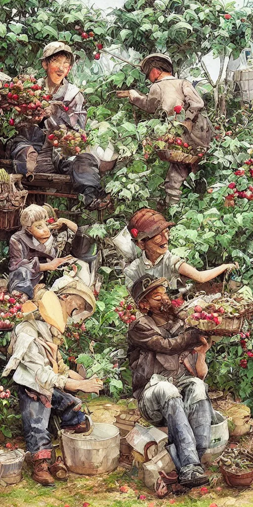 Image similar to oil painting scene from apple gardeners by kim jung gi