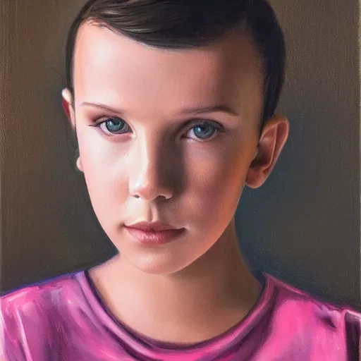 Prompt: millie bobby brown beautiful portrait of bust, medium shot, shallow depth of field, anamorphic lens, professional photography, highly detailed, photorealistic painting