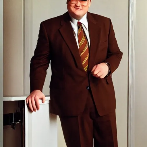 Image similar to Andy Richter is wearing a chocolate brown suit and necktie and is in a bedroom with a window letting in bright morning sunlight. Andy is sitting upright in a bed and is stretching his arm. His mouth his wide open as he yawns.