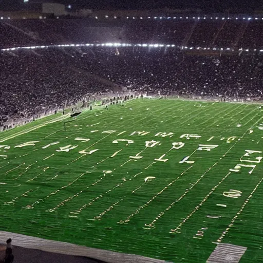 Image similar to Cellphone photo from the stands of a football stadium. An alien spacecraft lands on the field during a game