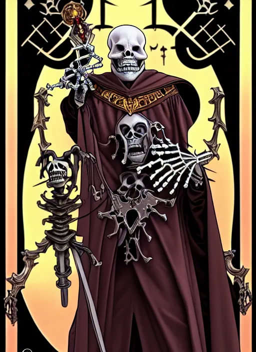 Image similar to overlord, undead skeleton king, wearing an academic gown, tarot card, highly detailed, deep focus, elegant, digital painting, smooth, sharp focus, illustration, ultra realistic, 8 k, art by artgerm and alphonse mucha