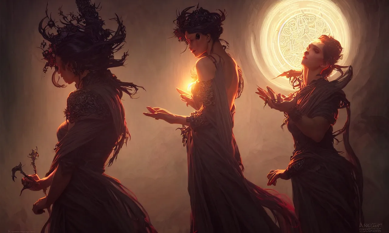 Image similar to Necromancer Sorceress in center, fantasy magic, undercut hairstyle, dark light night, intricate, elegant, sharp focus, illustration, highly detailed, digital painting, concept art, matte, art by WLOP and Artgerm and Greg Rutkowski and Alphonse Mucha, masterpiece