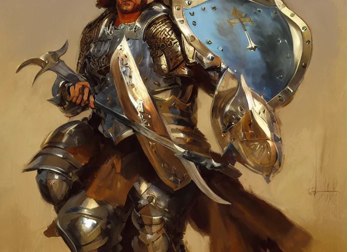 Prompt: a highly detailed beautiful portrait of a paladin with a shield and sword, by gregory manchess, james gurney, james jean