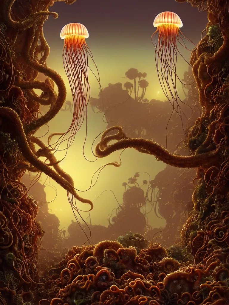 Prompt: creature octo jellyfish in a desert lush vegetation, warm tones, night, water reflection, bioluminescent translucent : : by michal karcz, daniel merriam, victo ngai and guillermo del toro : : ornate, dynamic, particulate, intricate, elegant, highly detailed, centered, artstation, smooth, sharp focus, octane render, 3 d