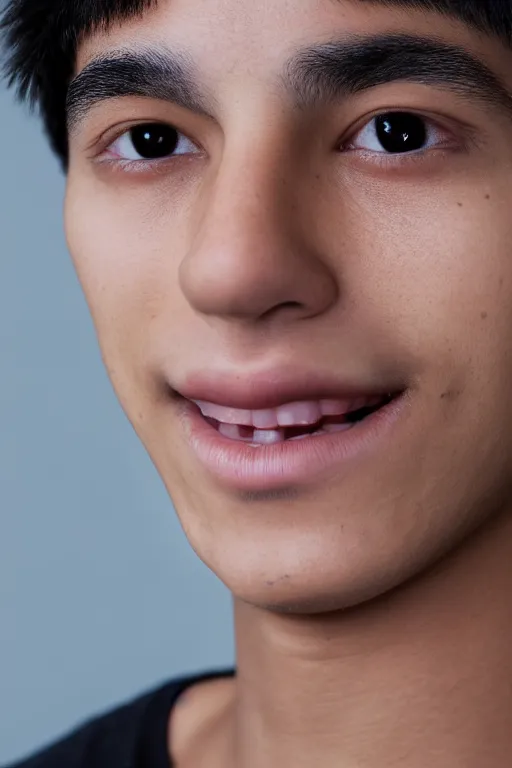 Image similar to close up headshot of an androgynous Hispanic teen boy with medium length slightly wavy black hair a wide smile brown eyes a small nose tidy plucked eyebrows dark brown eyes and a diamond shaped face, high resolution film still, 8k, HDR color