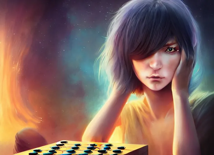 Image similar to rimuru tempest playing go, with amber eyes of golden colored eyes, straight hair, sky blue hair, long bangs, high collar, concept art, award winning photography, digital painting, cinematic, wlop, 8 k, by ross tran, tom bagshaw, andy warhol