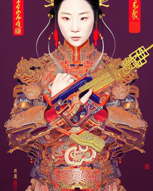 Image similar to portrait of a chinese cyberpunk machine, machine face, arms, upper half portrait, decorated with chinese opera motifs, regal, asian, fine china, wuxia, traditional chinese art intricate intense elegant 京 剧 highly detailed digital painting artstation concept art smooth sharp focus illustration, art by artgerm and greg rutkowski alphonse mucha 8 k