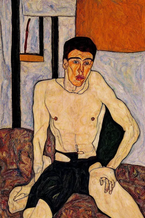 Image similar to portrait of russian athlete young man posing in his grandparents living room, 1987, egon schiele