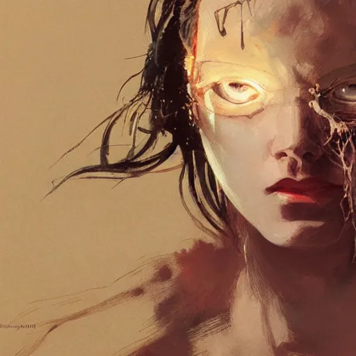 Image similar to alita crying and decaying into dust realistic illustration, intricate, elegant, highly detailed, greg manchess, mucha, liepke, ruan jia, jeffrey catherine jones, ridley scott