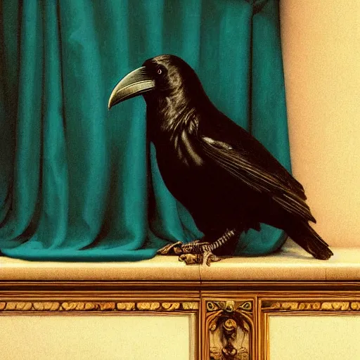 Image similar to a beautifully photoreal clear detailed victorian portrait of a close up raven on a victorian sill with an ornate velvet teal curtain at beautiful sunset daytime nature sunlit painting by frederic leighton and turner and rosetti, 8 k, octane render