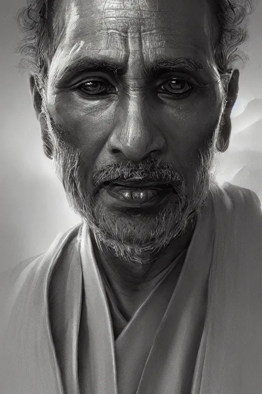 Image similar to hindu priest, close - up portrait, devoted, intricate, elegant, volumetric lighting, scenery, digital painting, highly detailed, artstation, sharp focus, illustration, concept art, ruan jia, steve mccurry