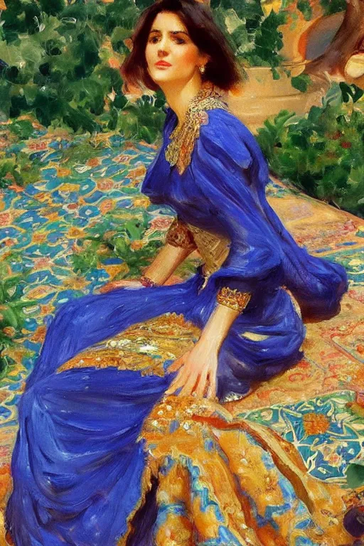 Image similar to gorgeous iranian girl waer detailed golden blue dress lay down on a detailed persian carpet a big tree palm persian pot, painting by john singer sargent