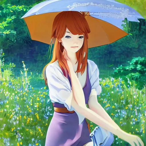 Prompt: portrait anime art of beautiful girl emma stone in summer outfit at russian village, art by studio ghibli, makoto shinkai, intricate details