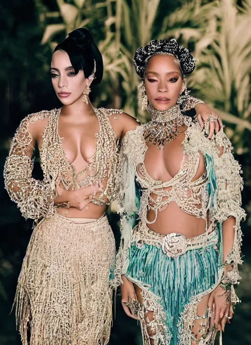 Image similar to portrait of lady gaga and rihanna wearing kebaya in bali temple, by charlotte grimm, natural light, detailed face, beautiful features, symmetrical, canon eos c 3 0 0, ƒ 1. 8, 3 5 mm, 8 k, medium - format print, half body shot