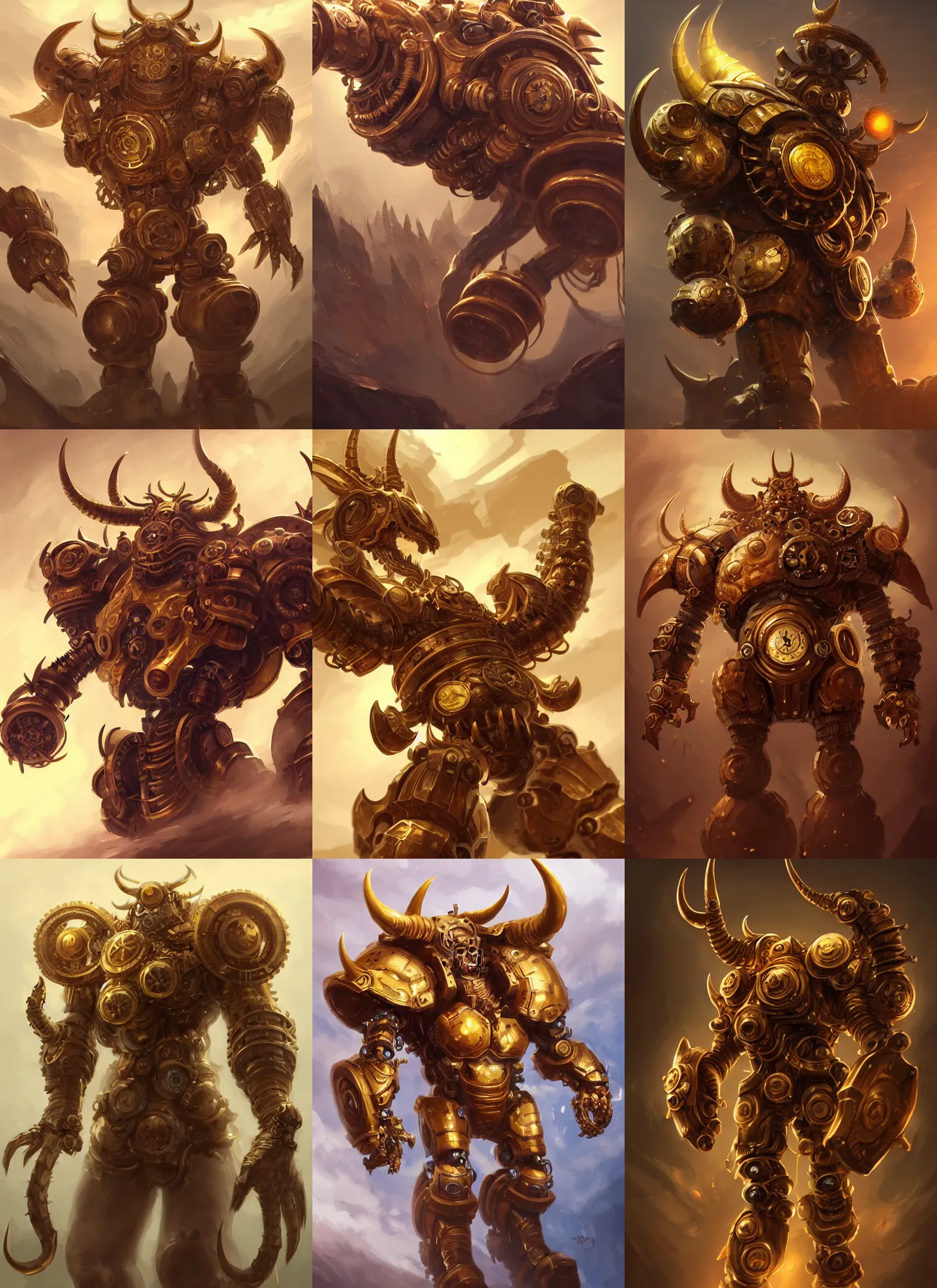 Prompt: a highly detailed illustration of gentle mighty colossal golden fighting horned mechanical steampunk titan, with cute doting eyes, intricate, elegant, highly detailed, centered, digital painting, artstation, concept art, smooth, sharp focus, league of legends concept art, wlop.