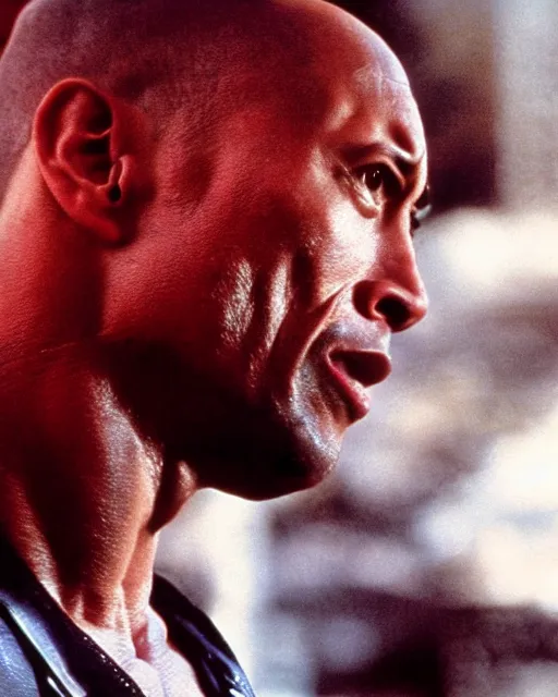 Image similar to Film still close-up shot of Dwayne Johnson as Arnold from the movie Terminator 2. Photographic, photography