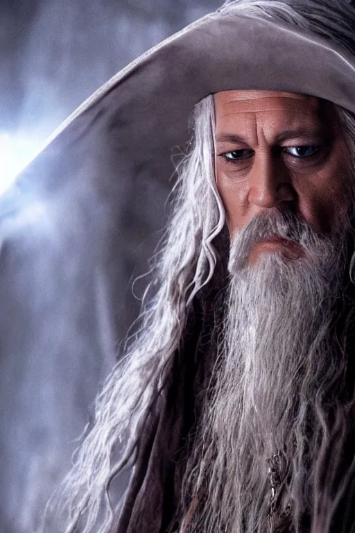 Image similar to film still of johnny depp as gandalf in lord of the rings movie, glamour pose, dramatic lighting, octane, volumetric lighting, 8 k