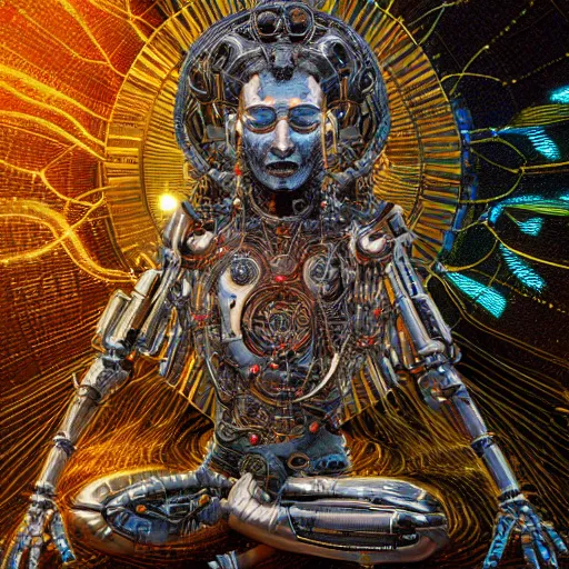 Image similar to blinded cybernetic deity achieving nirvana with its networked mind, lsd, circuitry, intricate detail, royo, whealan, giger, klimt, hd, octane render, unreal engine,