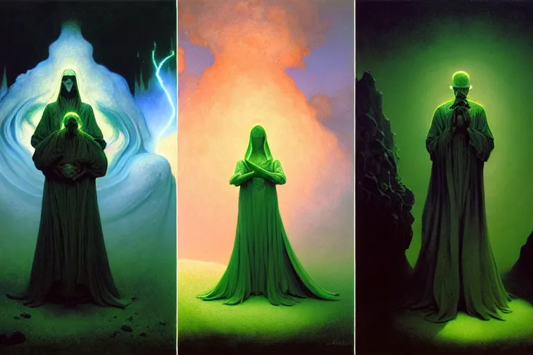 Image similar to the female arcanist and the male artificer by zacharias aagaard and albert bierstadt and zdzisław beksinski and james gilleard and wayne barlowe and marc simonetti and jean delville, beautiful, robes, highly detailed, hyperrealistic, intricate, energy, electricity, blue flame, low light, green crystal, high contrast