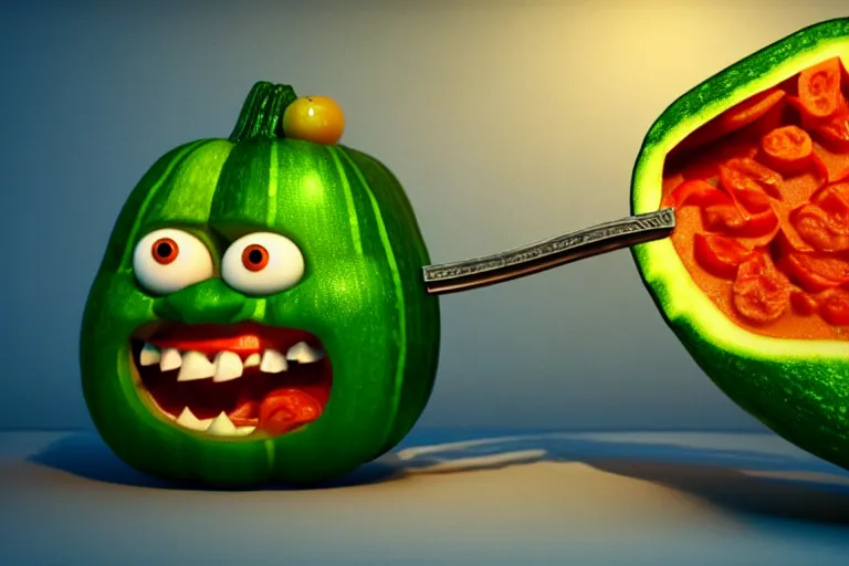 Image similar to detailed 3 d render of a mad zucchini with a long sword chasing after a tomato character, hyper realistic octane render, cinematic lighting, wide angle, nightmare, adult pixar surrealism