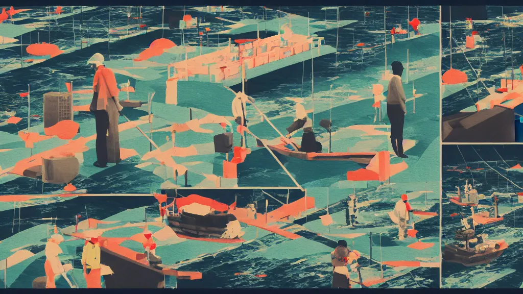 Image similar to japan fishing in odaiba, a collage painting, in the style of wes anderson, lola dupre, david hockney, isolated on negative space background dark monochrome neon spraypaint accents volumetric octane render