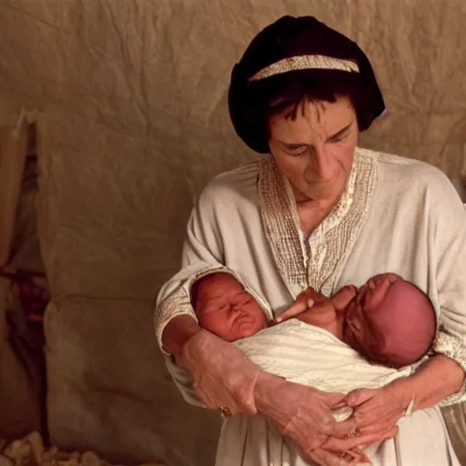 Image similar to film still of 80 year old sentimental Mediterranean skinned woman in ancient Canaanite clothing holding a newborn baby, crying, awe, love, ancient interior tent background, Biblical epic movie,