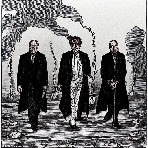 Prompt: The patriarch and the president and the general are walking three of them out of the gates to hell, it's dark around, they have horns, lightning in the sky, the infernal underworld, the state is on fire,